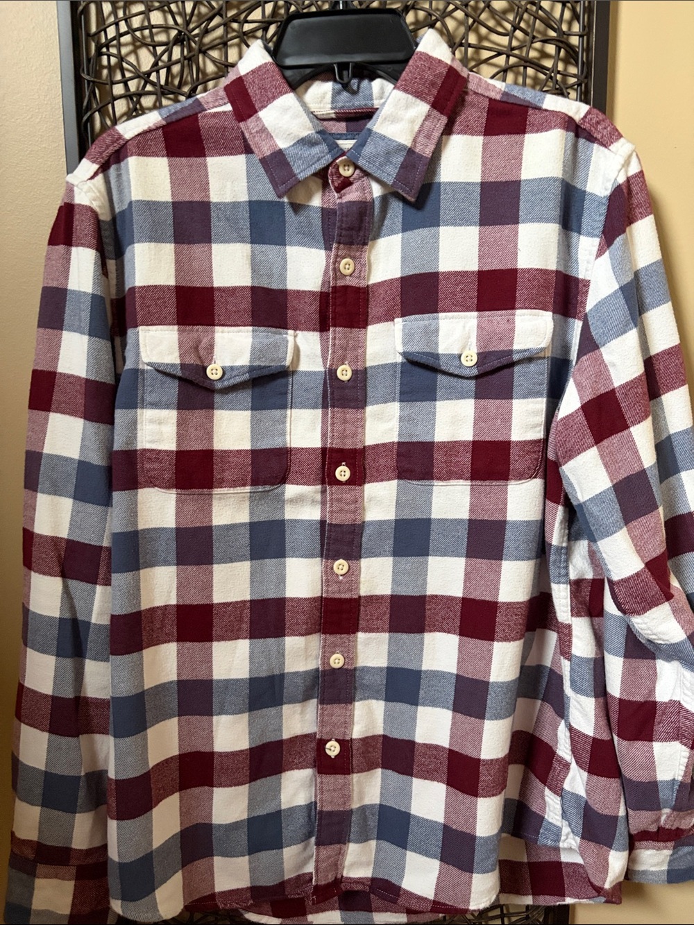 American Eagle Outfitters Burgundy/Blue Plaid Button-Down Flannel Shirt